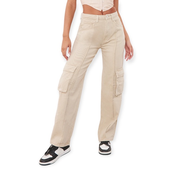 Sand Cargo Pocket Detail Baggy Boyfriend Jeans - Picture 3 of 5